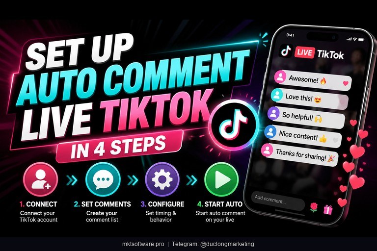 auto comment on tiktok livestream setup — 4-step infographic from installation to live campaign launch