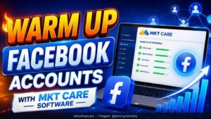 warm up facebook accounts — MKT Care dashboard showing account warming queue with health indicators