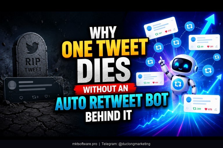 auto retweet bot split-screen comparison single tweet dying versus amplified tweet spreading across accounts